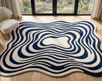 Blue Wavy Area Rug | Abstract Contour Tufted Wool Carpet