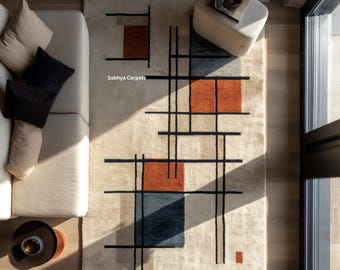 Wollen tapijt met abstracte lijnen | Crème, blauw en bruin wollen tapijt voor woonkamer