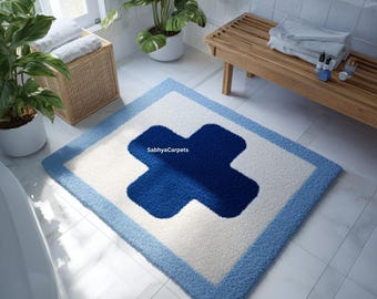 Blue & White Bathroom Rug | Modern Plus Sign Bath Mat | Soft Plush Absorbent Carpet