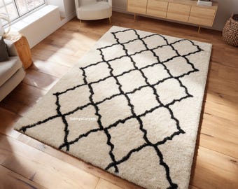 Cream Shag Moroccan Rug | Black Trellis, New Zealand Wool