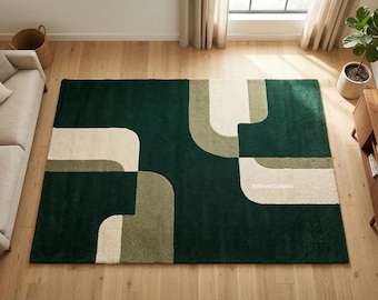 Dark Green Geometric Area Rug | Modern Abstract Wool Carpet, Living Room Decor