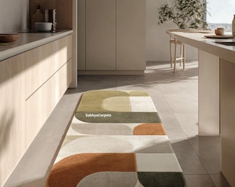 Modern Geometric Runner Rug | Olive Green, Ivory & Orange Color Rug