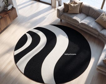 Round Rug | Abstract Wavy Circle Carpet |  Black & Cream Color Living Room Decor