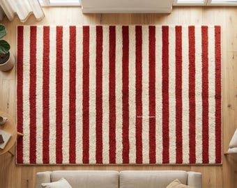Handmade-Tufted Red & Cream Striped Wool Area Rug