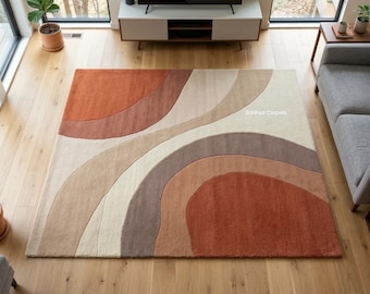 Abstract Wool Rug | Beige & Brown Terracotta Living Room 9x12 Feet