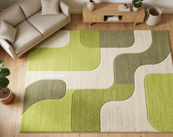 Green Abstract Area Rug | Mid Century Modern Earth Tone Carpet, Living Room Decor