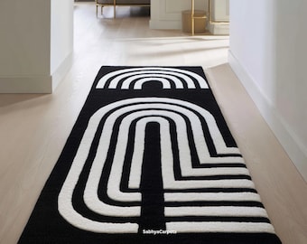Black & White Arch Runner Rug | Modern Geometric Hallway Carpet | Minimalist Monochrome Long Rug And Entryway Decor