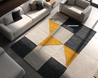 Mustard Grey Geometric Rug | Modern Abstract Area Carpet | Contemporary Color Block Design | Soft Living Room Home Decor
