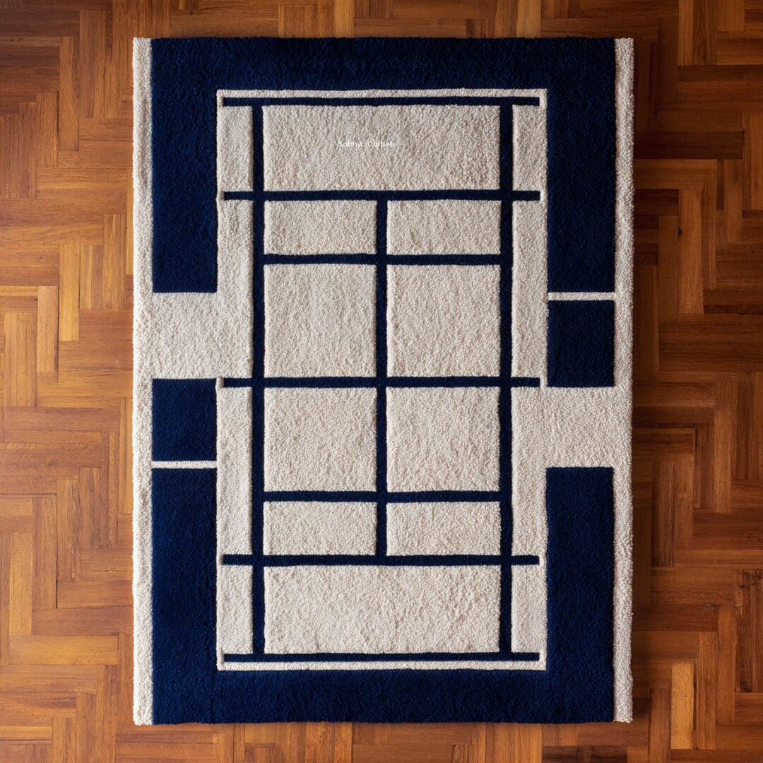Navy Blue Grid Pattern Wool Rug | 9x12 Feet Contemporary Architectural ...