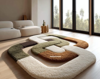 Interlocking Loop Rug for Living Room | Geometric Shag Area Carpet | Earthy Brown, Green & Cream Modern Rug | Unique Shape Decor