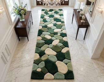 Green Pebble Runner Rug | Hand-Tufted Wool Hallway Nature Inspired Rug