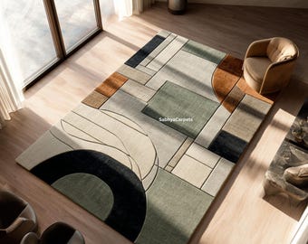 Modern Geometric Rug | Handmade-Tufted Sage Green & Ivory Rugs