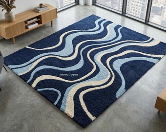 Navy Blue Wool Rug | Retro Wave Pattern Living Room Carpet | Hand-tufted Home Decor