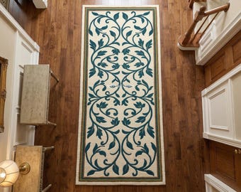 Hand Tufted Wool Runner Rug | Ivory Teal Floral Vine Pattern Carpet