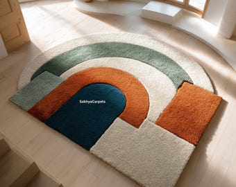 Modern Orange  Arch Shape Rug for Living Room | Semi Circle Geometric Area Carpet