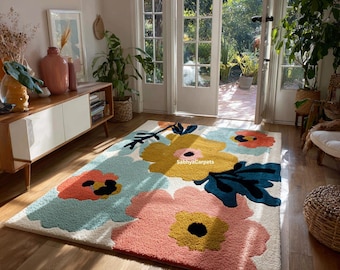 Pink Colorful Floral Area Rug | Modern Boho Flower Large Room Rug