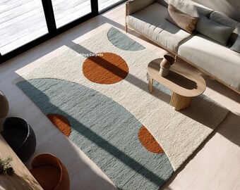 Abstract Brown Circle Rug | Sage Green Modern Area Rug for Living Room Decor