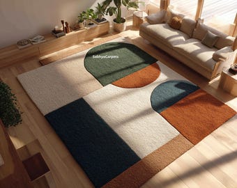 Geometric Teal and Orange Wool Rug | Modern Block Design