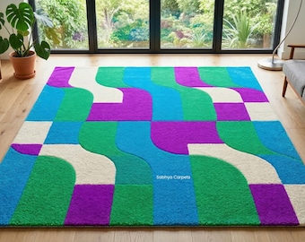 Retro Geometric Area Rug | Colorful Mid Century Modern Tufted Wool Carpet