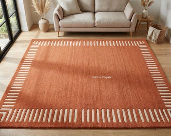 Terracotta Minimalist Border Rug | Modern Burnt Orange Wool Area Rug