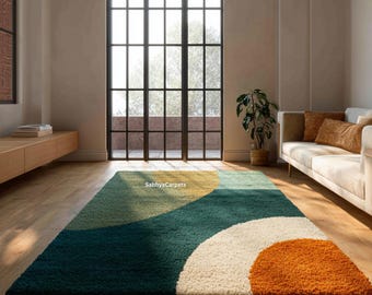 Hand Tufted Rug | Orange, Green Abstract Carpet | Living Room & Bedroom Decor