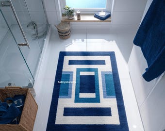 Kids Room Navy Blue Geometric Bathroom Rug | White Modern Bathroom Mat