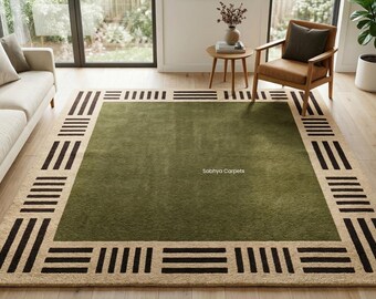 Hand-Tufted Olive Green Geometric Border Rug | Modern Living Room Bedroom Carpet