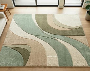 Green Abstract Wavy Rug | Modern Neutral Wool Carpet for Living Room