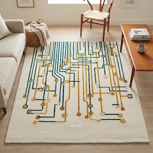 Può includere: Un tappeto rettangolare con base color bianco sporco e un motivo geometrico di linee e cerchi interconnessi in tonalità verde ottanio e giallo senape, che ricorda il design di un circuito stampato, posato su un pavimento in legno chiaro.