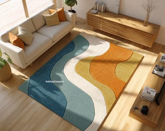 Modern Wavy Area Rug for Living Room | Teal Orange Mustard Abstract Carpet | Soft Textured Floor Rug | Contemporary Home Decor Accent