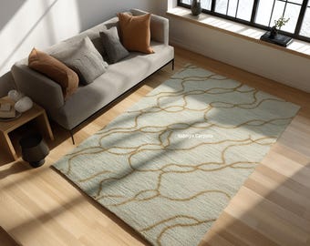 Sage Green Abstract Line Rug | Modern Minimal Area Rug for Living Room with Wavy Pattern