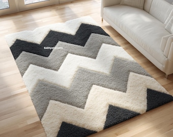 Chevron Zigzag Area Rug for Living Room | Grey, Black & Cream Shag Carpet | Modern Neutral Decor Rug | Soft Plush Floor Accent
