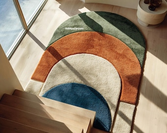 Modern Arch Shape Area Rug | Burnt Orange & Green Teal Carpet | Contemporary Layered Curve Design | Stylish Entryway And Living Room Decor