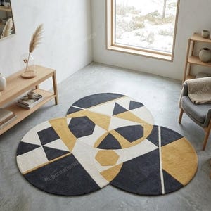 Tappeto in lana trapuntato a mano, moderno tappeto geometrico con cerchi sovrapposti, tappeto dalla forma irregolare giallo grigio crema per soggiorno e camera da letto