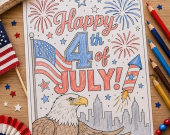 Página para colorear del 4 de julio para niños / Águila patriótica para imprimir / Actividad del Día de la Independencia / Descarga instantánea en PDF / Hoja para colorear de verano