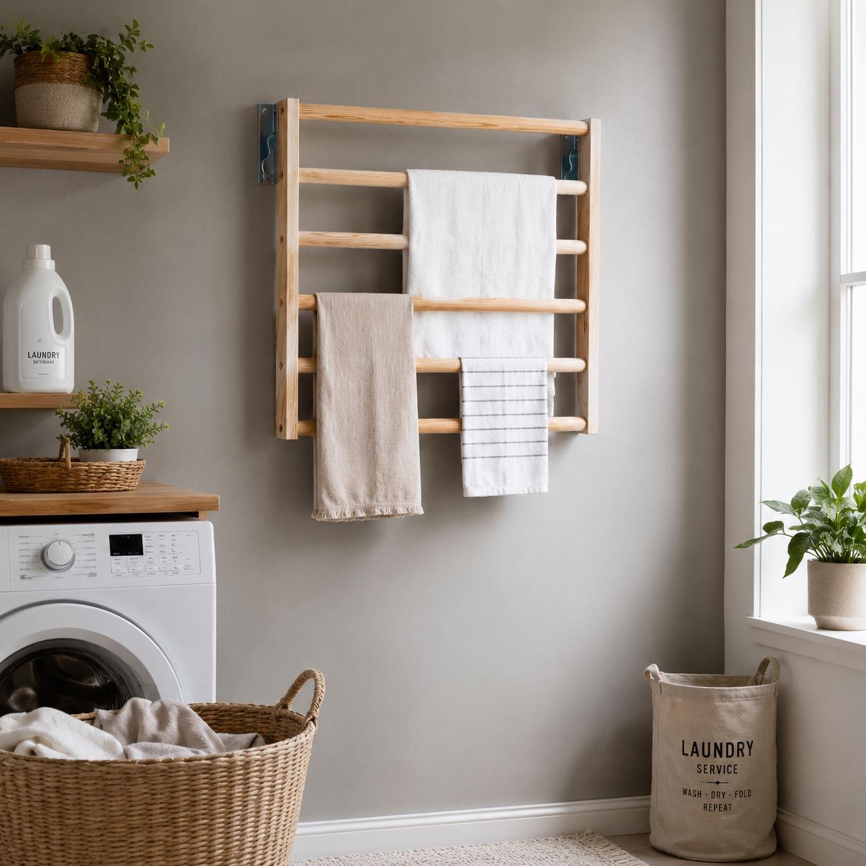 Wall Mounted Wooden Drying Rack, Foldable Laundry Drying Shelf