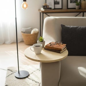 May include: A contemporary living room setting featuring a round side table attached to a beige sofa. The table displays a white coffee cup, books, and glasses. A black floor lamp with a warm bulb is positioned nearby. A rug and decorative items complete the scene.