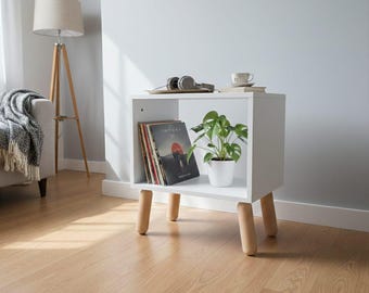 Platenstandaard uit het midden van de eeuw, houten standaard met opbergruimte, moderne lphouder