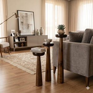 May include: Three wooden side tables of varying heights with a dark finish. The tables have a round top and a conical base. One table holds a small succulent in a geometric pot. The tables are in a living room setting.