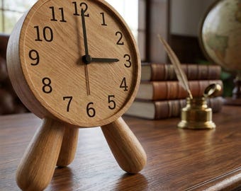 Handmade Wooden Desk Clock, Tripod Table Clock, Minimal Wood Home Office Decor