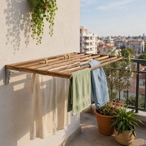 May include: A wall-mounted wooden drying rack with horizontal slats attached to a light-colored wall. The rack holds a white shirt, a green towel, and blue denim fabric. Three wooden clothespins are clipped onto the top wooden slats.