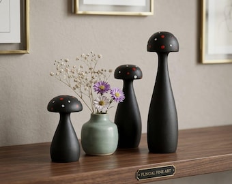 Modern Black Candle Holder Set, Wooden Mushroom Candlesticks, Minimalist Home Decor