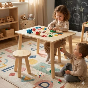 Op de afbeelding: Twee kinderen spelen met kleurrijke klei aan een lichte houten tafel. De tafel heeft een vierkant blad en vier poten. Een kleine houten kruk staat op de voorgrond. Een kleurrijk tapijt en houten speelgoed staan op de achtergrond.