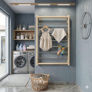 Op de afbeelding: Een aan de muur gemonteerd houten droogrek met horizontale metalen stangen bevat een beige romper, een gevouwen witte doek en een paar kleurrijke gestreepte sokken. Het rek bevindt zich in een wasruimte met een wasmachine en planken.