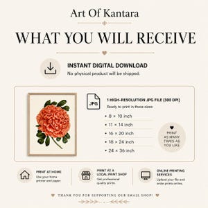 May include: Digital download information from Art Of Kantara. Includes one high-resolution 300 DPI JPG file of a coral peony illustration. Printable sizes listed are 8x10, 11x14, 16x20, 18x24, and 24x36 inches. Instructions for home, local, or online printing.