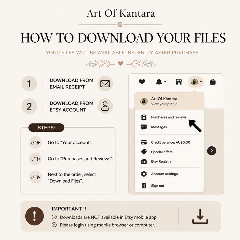 May include: An instructional graphic titled HOW TO DOWNLOAD YOUR FILES by Art Of Kantara. It outlines two methods for accessing digital purchases via email or an Etsy account, including a visual menu guide with a pointer and a warning about mobile app limitations.