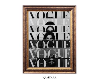 May include: A framed wall art piece featuring a vertical collage of six Vogue magazine covers stacked on top of each other. Each section displays the word VOGUE in large black letters, with various international editions including Paris, France, España, Deutsch, Italia, and Paris.