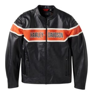 Puede incluir: Chaqueta de cuero negra con rayas naranjas y blancas en el pecho y los brazos. El logotipo de Harley-Davidson está en blanco. La chaqueta tiene cremallera y dos bolsillos con cremallera.