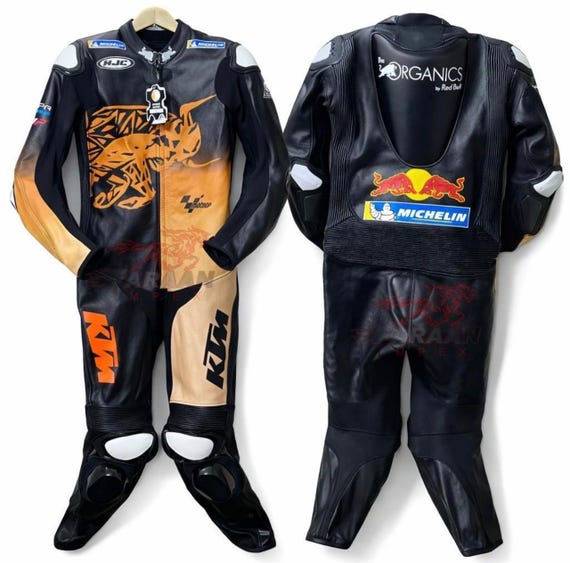 Men's KTM Racing Leather Motorbike Suit – MotoGP Style Bull Graphic, Michelin, Red Bull Logos