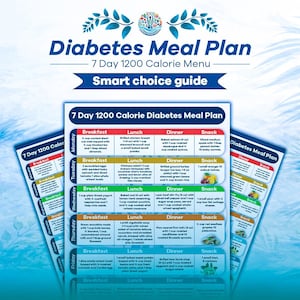 May include: A colorful meal plan chart titled "Diabetes Meal Plan" with a 7-day, 1200-calorie menu. The chart details breakfast, lunch, dinner, and snack options, including specific food items and portion sizes for each day.